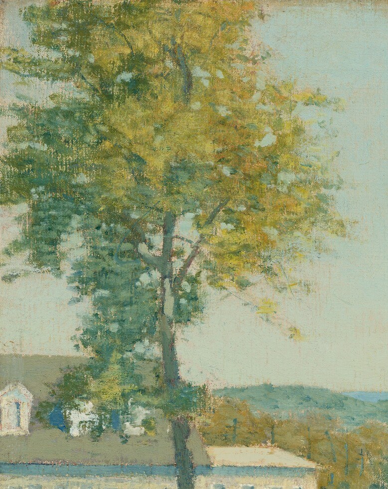 Autumnal foliage frames the left side, its warm yellows and greens flattening the space in a way that directly evokes Japanese woodblock prints Weir collected and admired