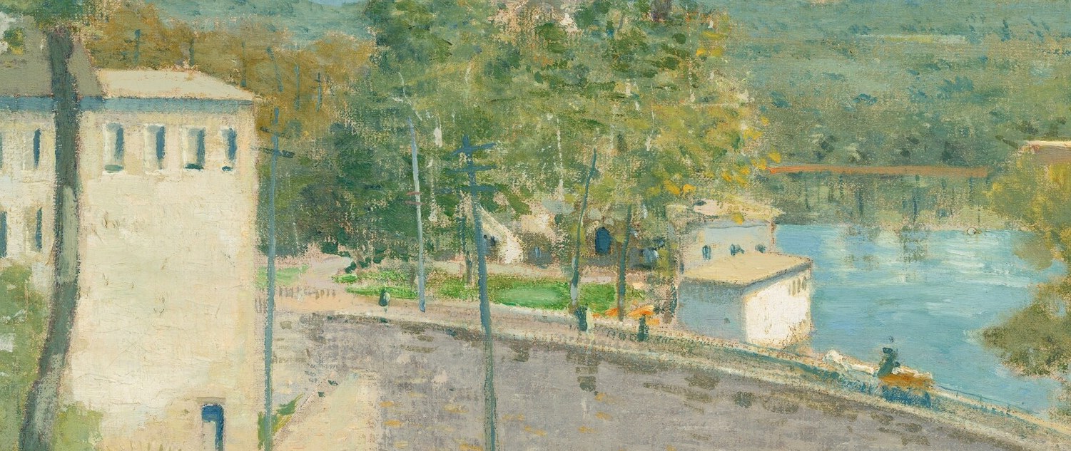 The Willimantic River mirrors the pale sky and building masses in broken Impressionist strokes , the water is where Weir's atmospheric color is most purely visible
