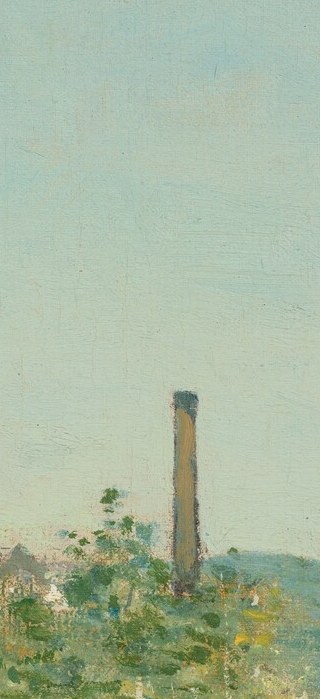 The single vertical smokestack is the painting's industrial punctuation mark , threadlike against the sky, almost decorative, yet unmistakably a sign of manufacturing power