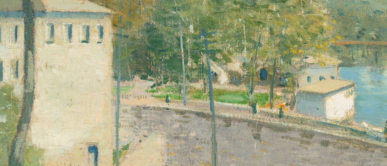 The bridge is the compositional spine of the painting, its warm honey stonework and rhythmic arches drawing the eye across the canvas and linking the industrial left to the quieter right bank