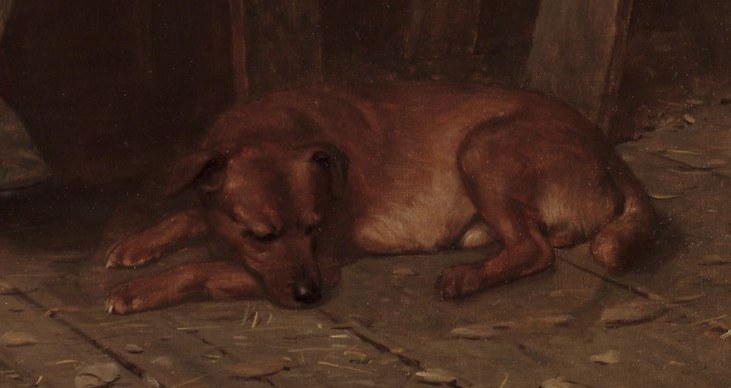 A sleeping dog adds to the quiet, domestic feel of his workshop.