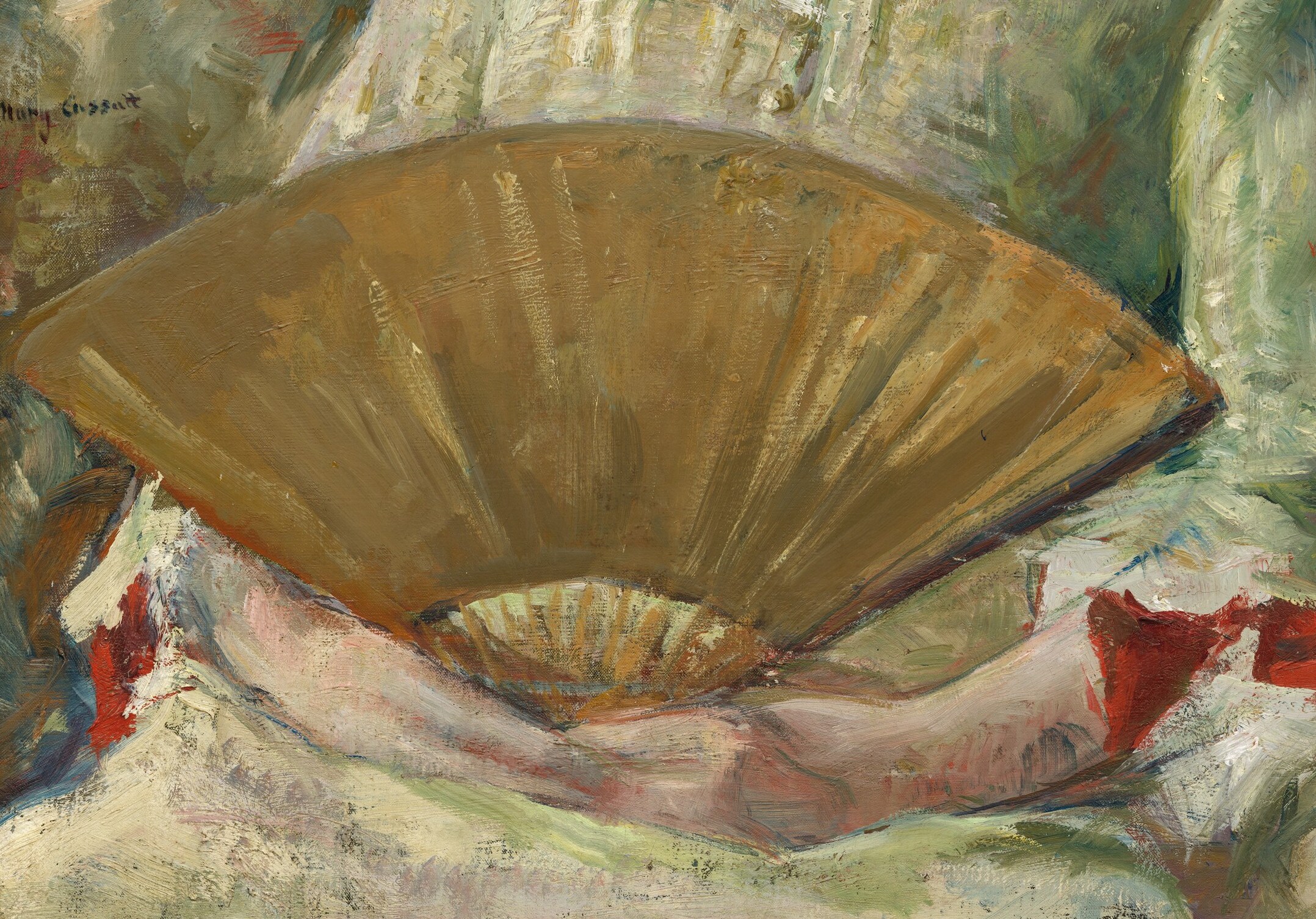 She grips a huge golden fan, almost flattening the space.
