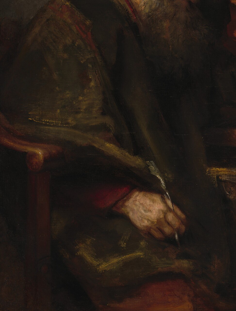 The massive cloak swallows light and anchors the figure; its impasto surface , paint applied with stiff brush or knife , is itself a textural argument about materiality and spirit.