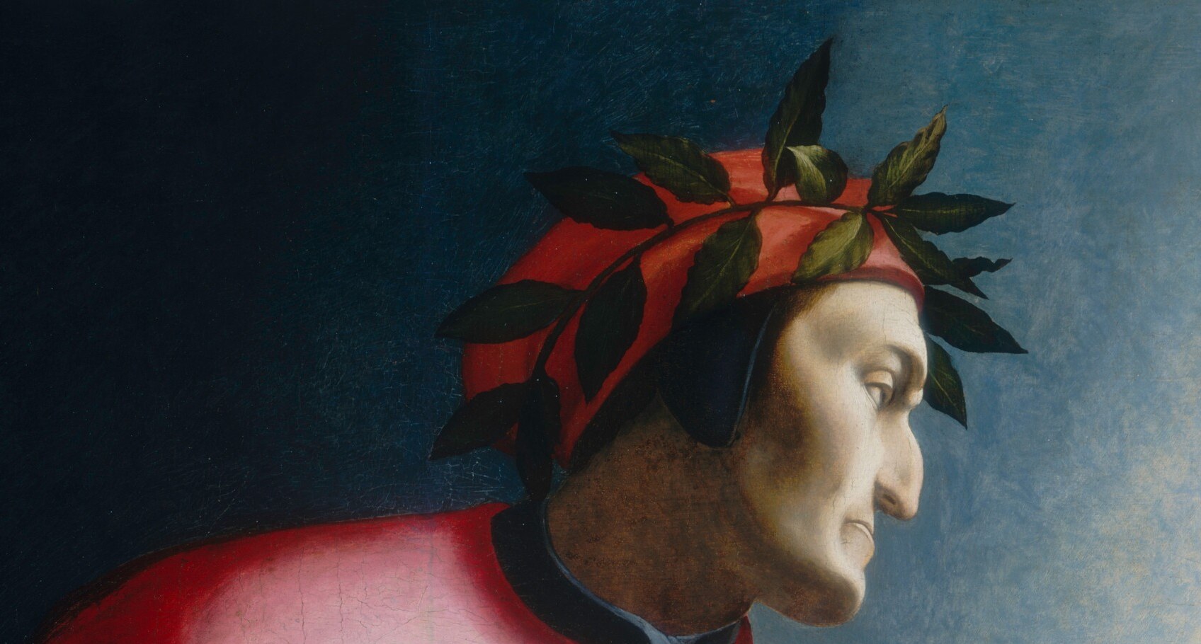 The iconic laurel crown of the poet-laureate frames a composed, authoritative gaze , the central identity claim of the painting.
