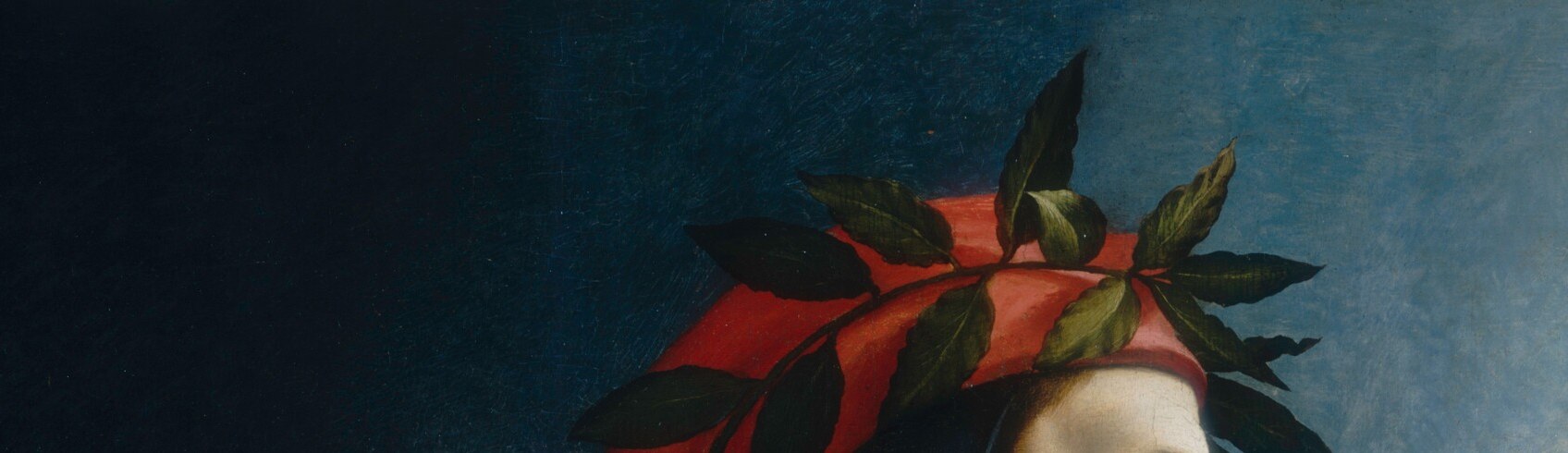 The laurel is the symbol of poetic triumph; its bright red color is unusual and may carry allegorical meaning beyond the classical green.