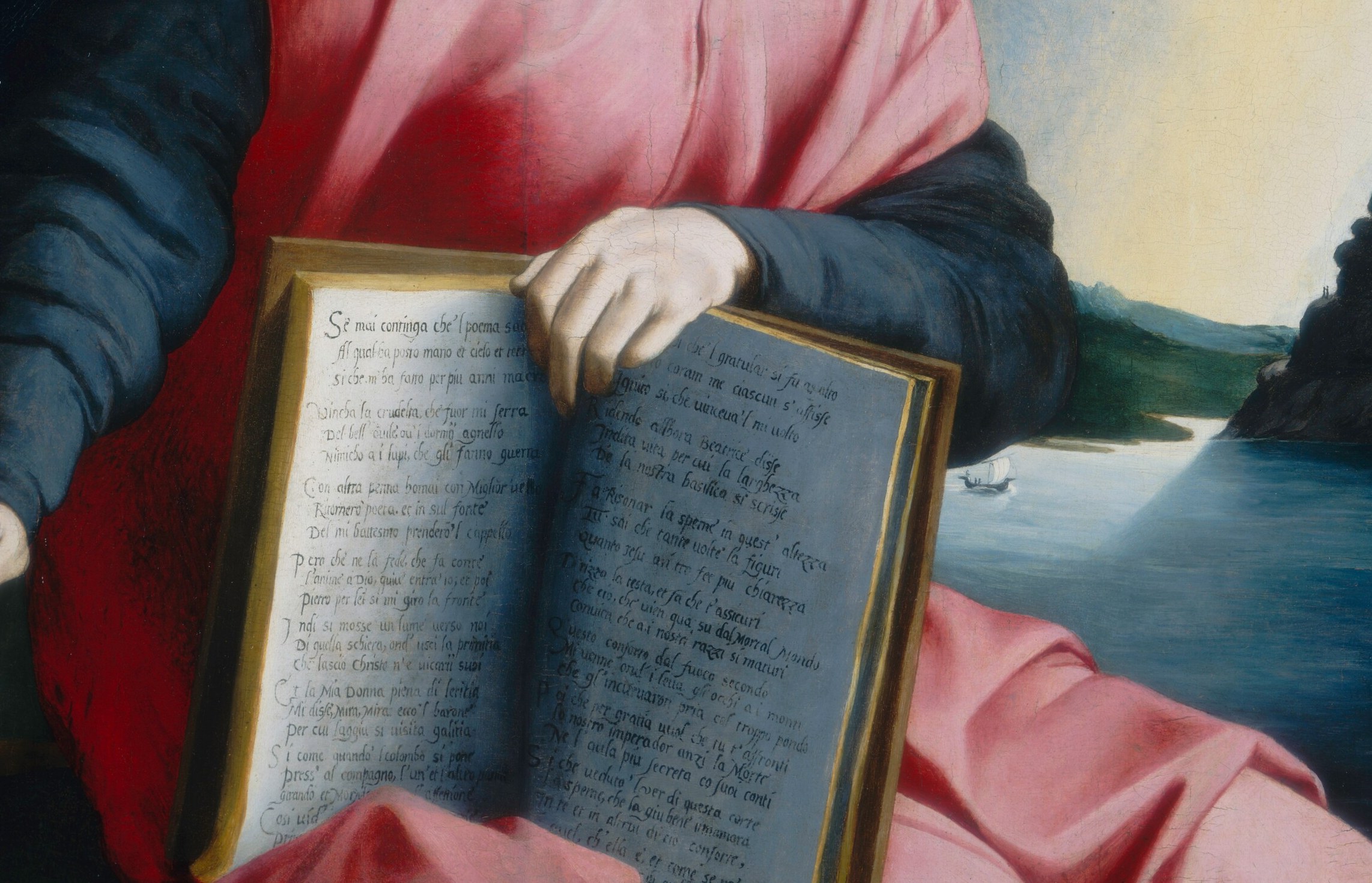 The pages appear to carry actual script , possibly excerpts from the Commedia , making this a hidden-detail target for close inspection and transcription.