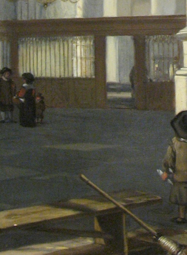 The emotional anchor of the painting , their intimacy and small scale against the vast nave underscores how the church dwarfs human life