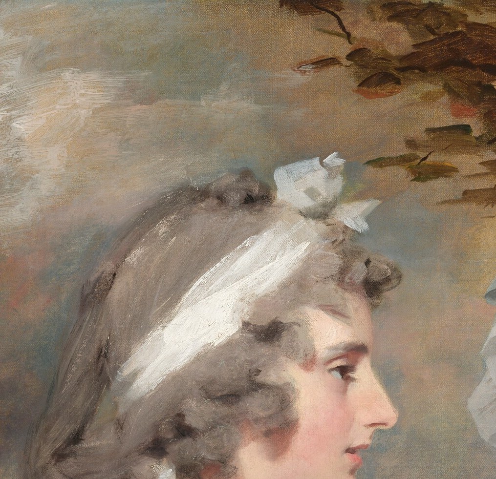 The younger woman, in luminous white, looks away into her own thoughts.