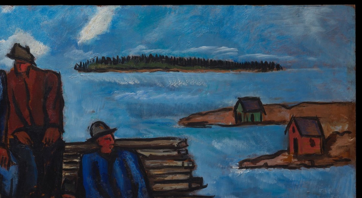The horizontal band of sea and sky creates depth and anchors the scene in coastal Maine , the cool palette here contrasts with the warm reds of the figures.