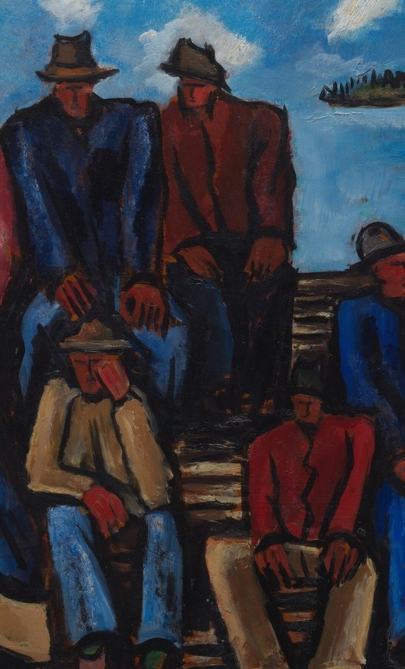 The dominant vertical anchor of the composition , broad-shouldered, arms at sides, he commands the dock and draws the eye immediately as a figure of quiet authority.