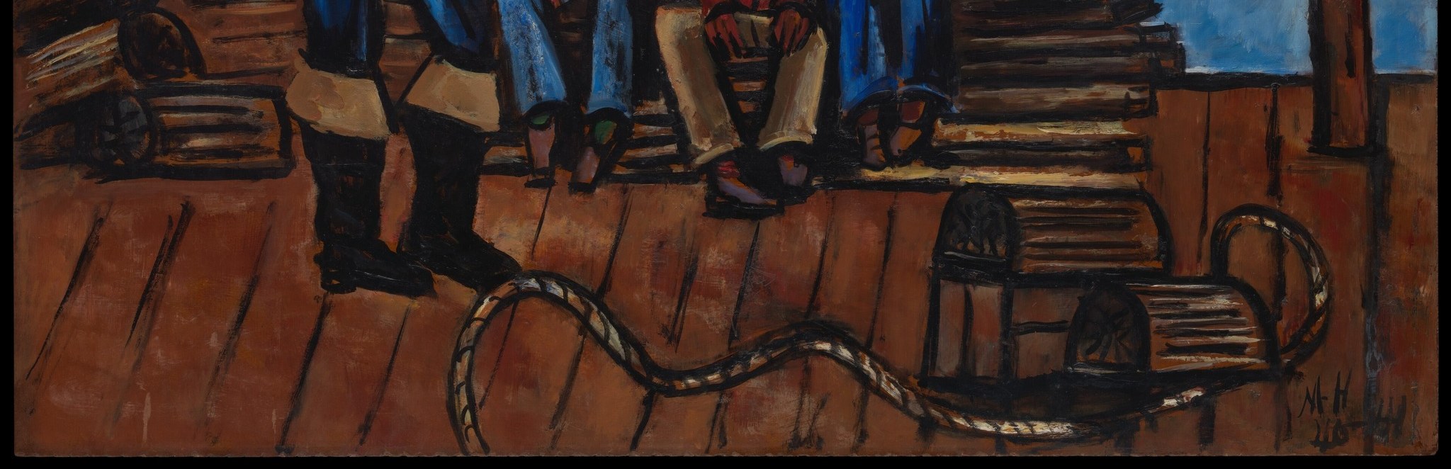 Hartley's thick, gestural brushwork on the planks reveals his expressionist technique , the grain and darkness convey weathered wood and the weight of hard physical life.