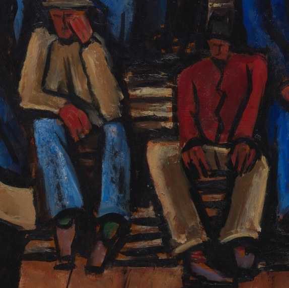 The only figure in a light tone amid dark clothing; the white shirt creates a visual pause and humanizes the labor , possibly a younger worker or a figure at rest.