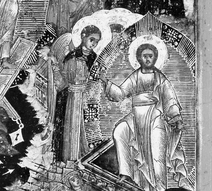 Two angels wear full armor and carry spears.