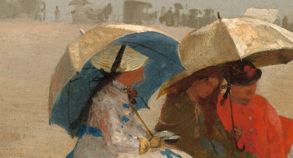 Her parasol provides shade, a luxury for beachgoers then.