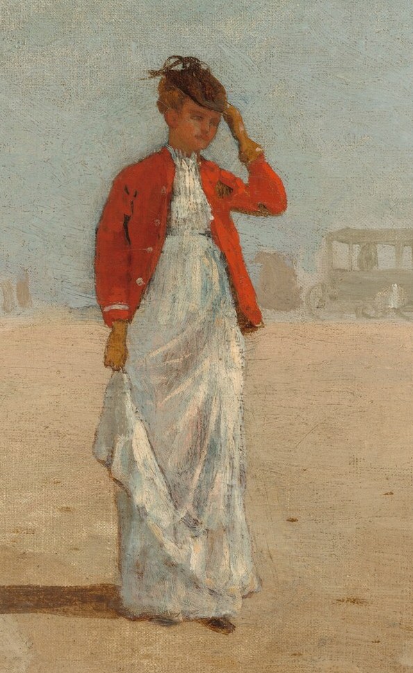 This woman adjusts her hat, perhaps feeling the sea breeze.