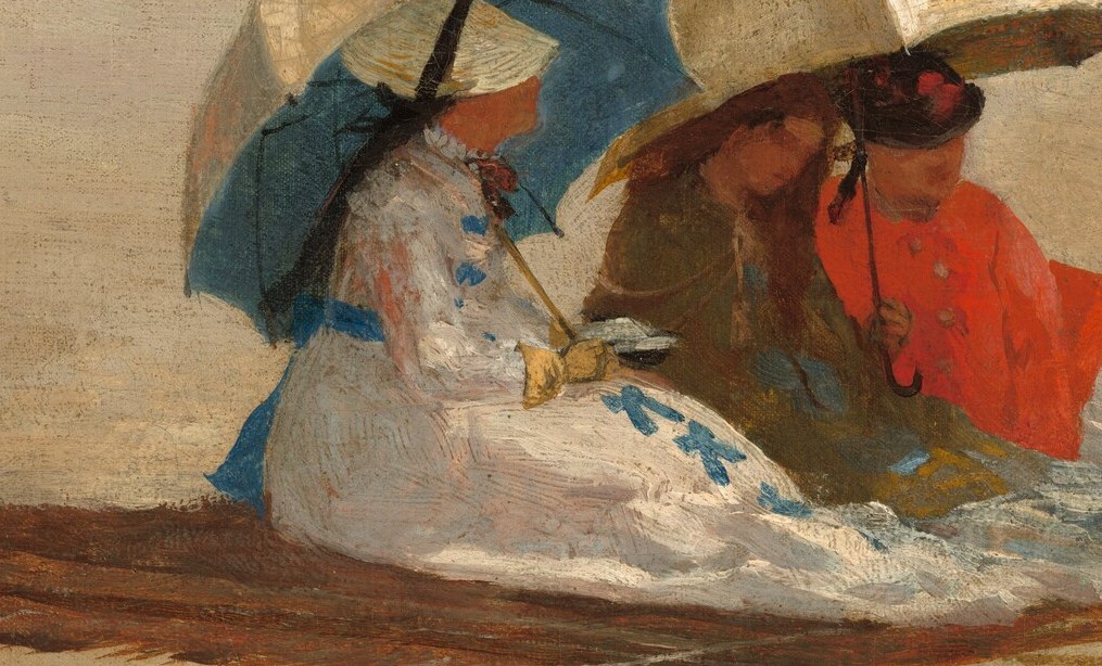 Notice her vivid red top, a popular color of the era.