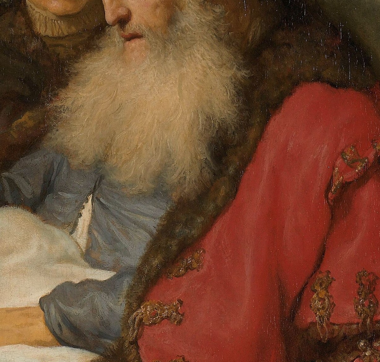 The texture and volume of the beard add to Isaac's patriarchal presence and the painting's realism.