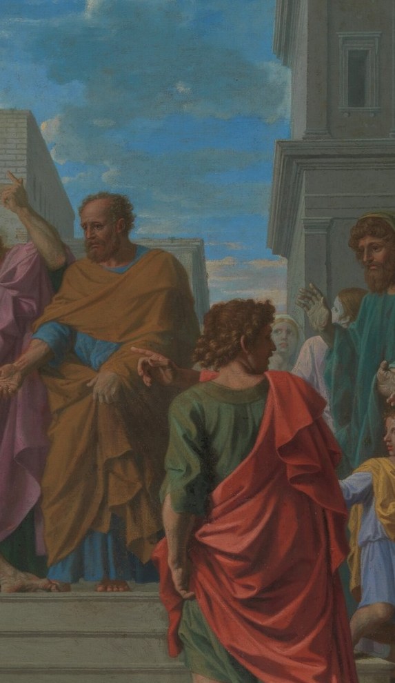 His slightly withdrawn pose subtly frames Peter as the active partner; the contrast between witness and actor encodes the Acts narrative where Peter speaks the healing words while John merely stands beside.