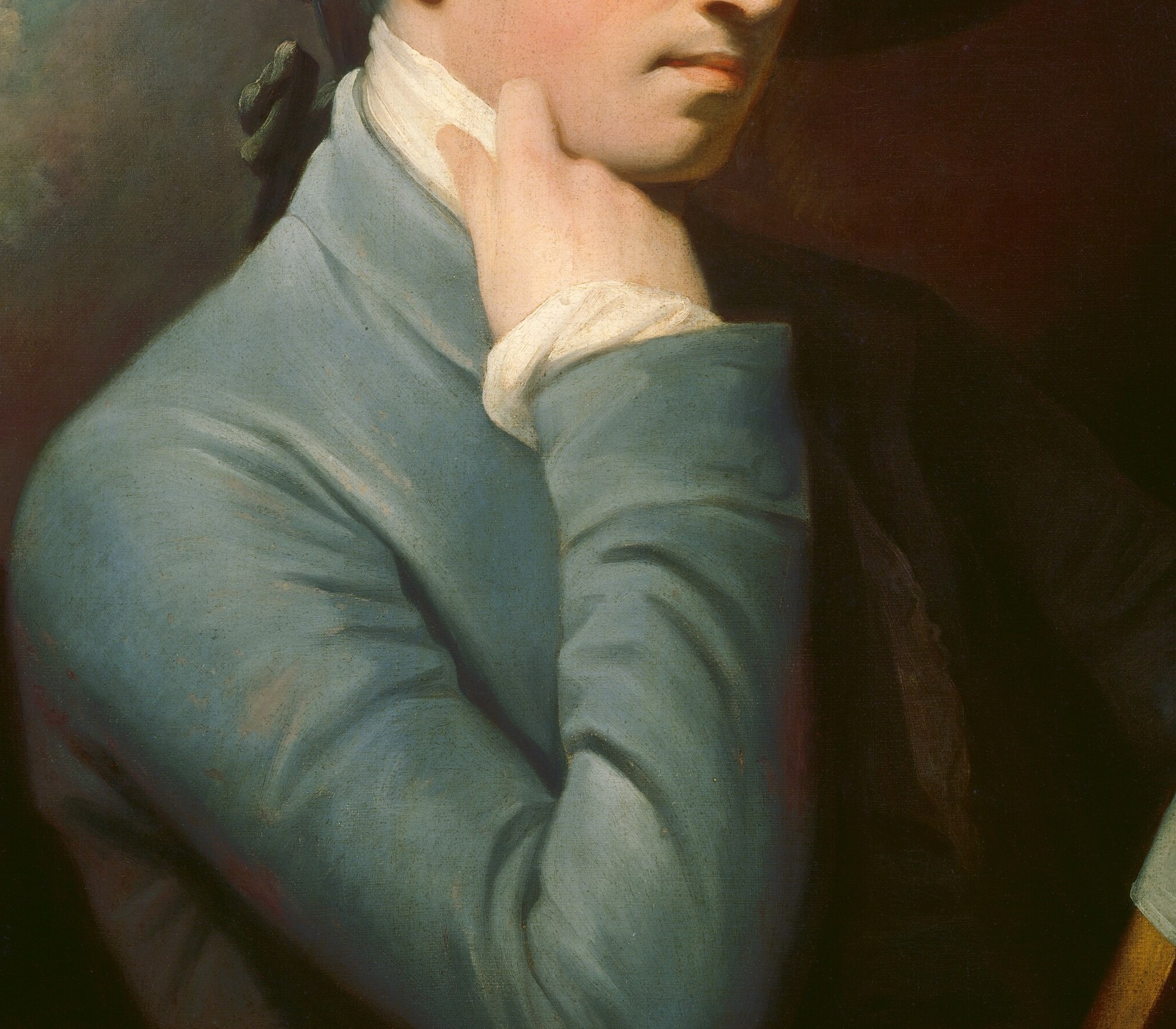 The broad passages of cool grey-blue fabric demonstrate confident wet-on-wet handling; the loose brushwork contrasts with the tighter face painting.