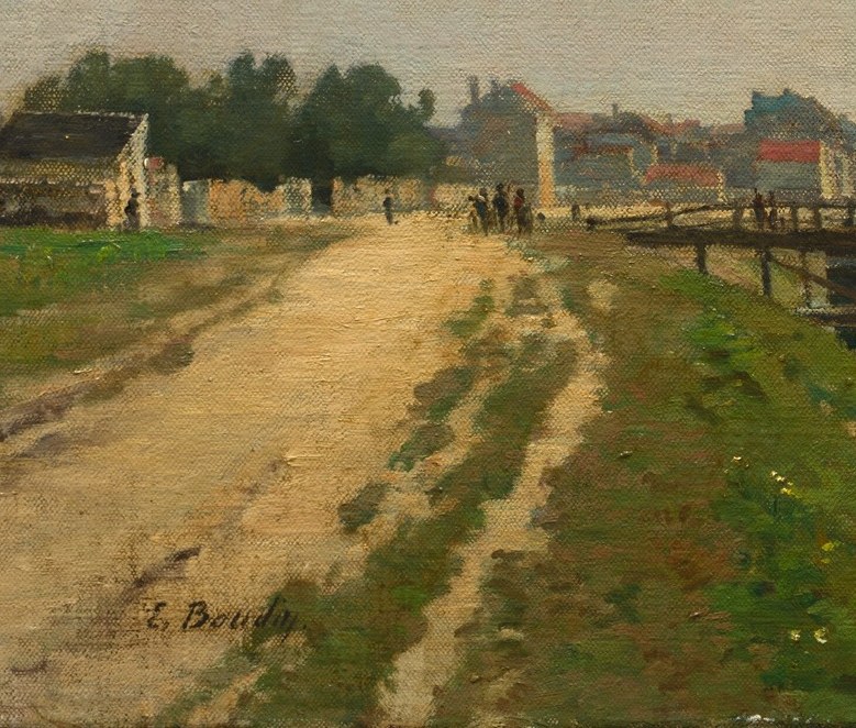 The receding path is the spine of the composition, pulling the viewer into the scene and implying a stroller's experience of the Seine in 1860.