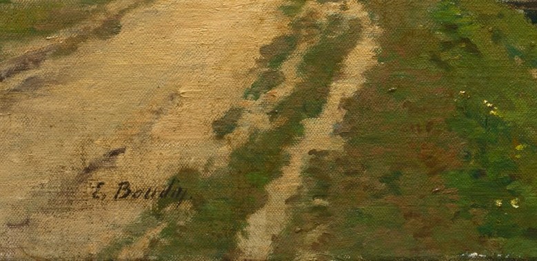 The warm sandy earth is the painting's richest impasto passage; this is where brushwork is physically thickest and most tactile.