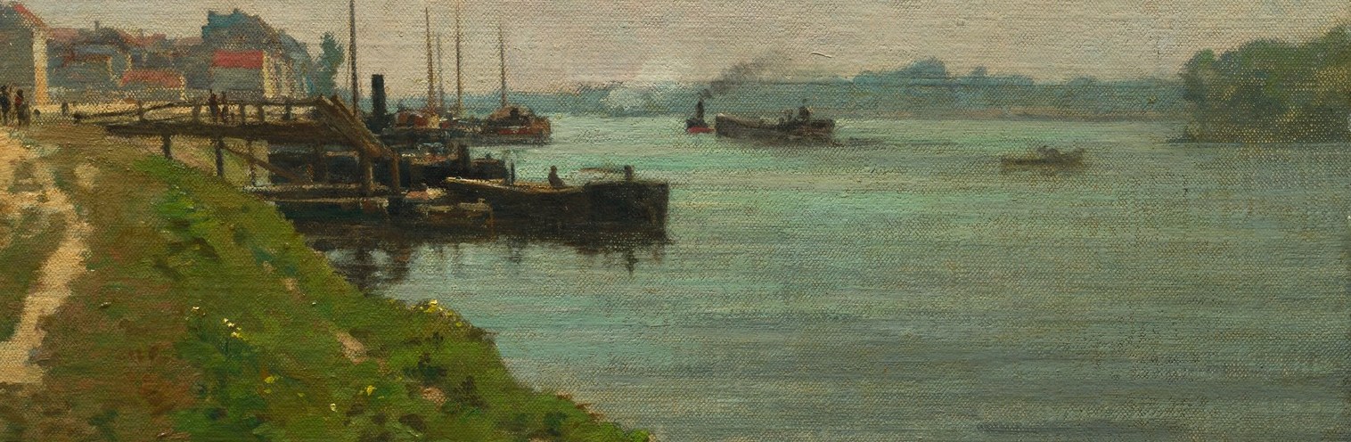 The water mirrors sky and vessels in loose horizontal strokes; close inspection reveals the impressionistic shorthand for light on moving water.