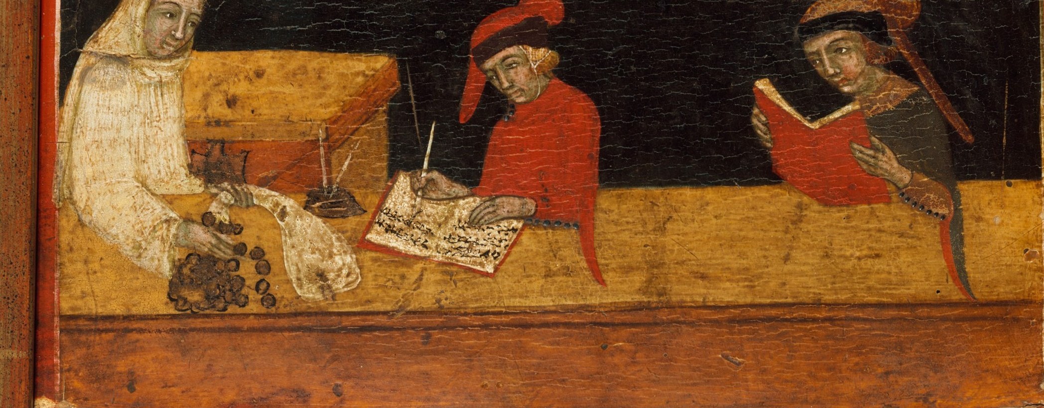 The saturated red is the best-preserved pigment, providing a visual anchor and signaling importance of the transaction