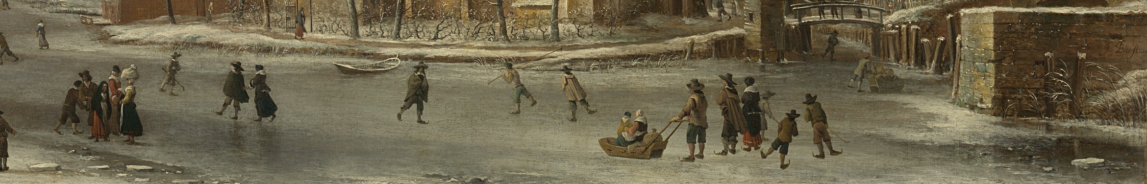 Villagers skate, sled, and stroll across the frozen canal.