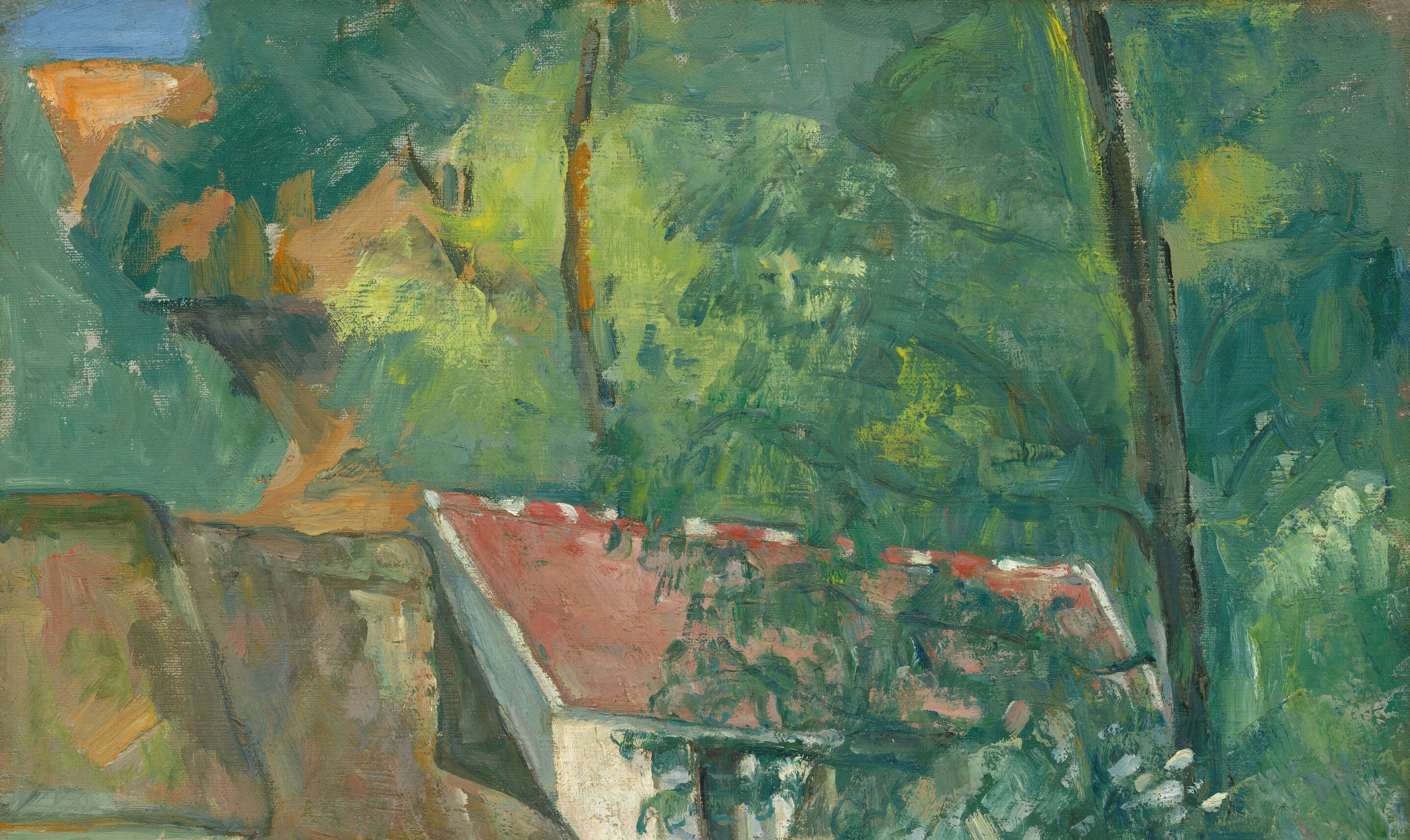 Cézanne's faceted brushwork turns individual leaves into interlocking planes of green, yellow-green, and dark teal , an early signal of the pictorial logic that would lead to Cubism.