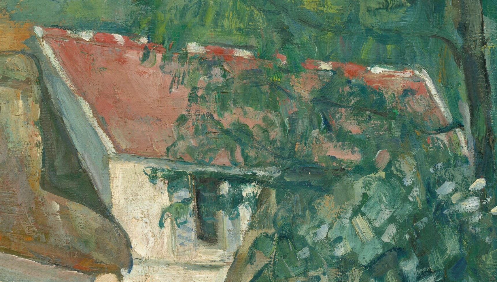 The warm terracotta roof is the dominant color accent and compositional anchor, drawing the eye into the middle distance through a veil of foliage.