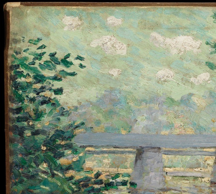 Richly textured foliage in multiple greens forms a natural frame; the loose brushwork here shows Impressionist influence from Twachtman