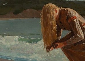 Look at the bending woman. Her hair hangs loose.