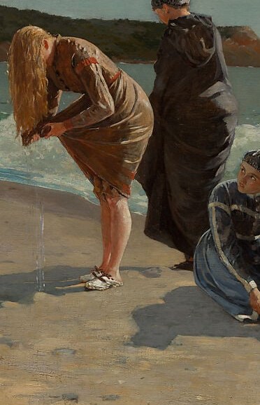 The dark silhouette against the bright sand creates maximum contrast and anchors the pair; her bent stance mirrors the first woman, implying shared action or conversation.