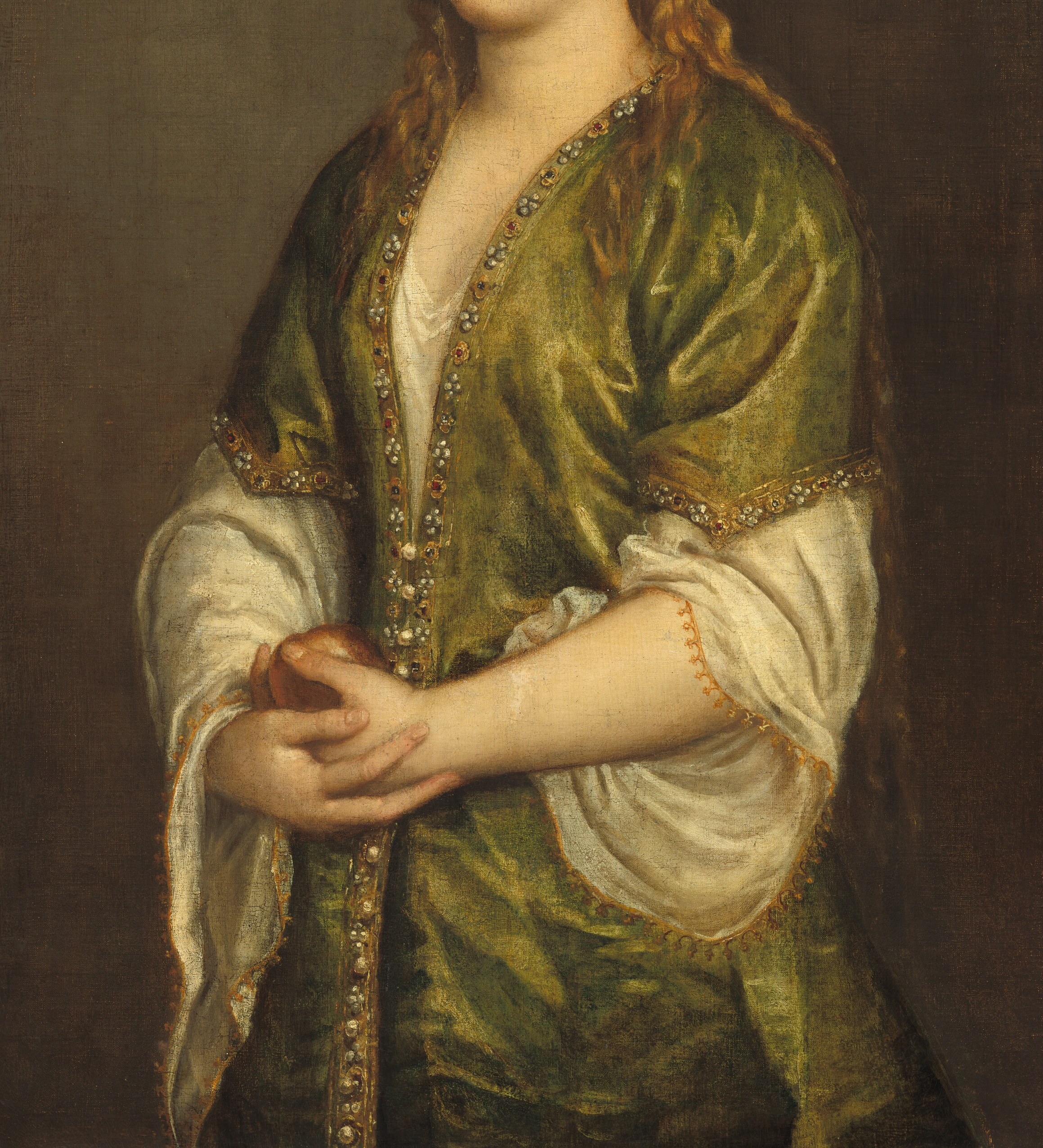 Luminous textile illusionism , the sheen, drape and weight of the cloth signal aristocratic status and are central to the portrait's meaning; Titian differentiates highlight from shadow with almost no visible brushwork at this scale