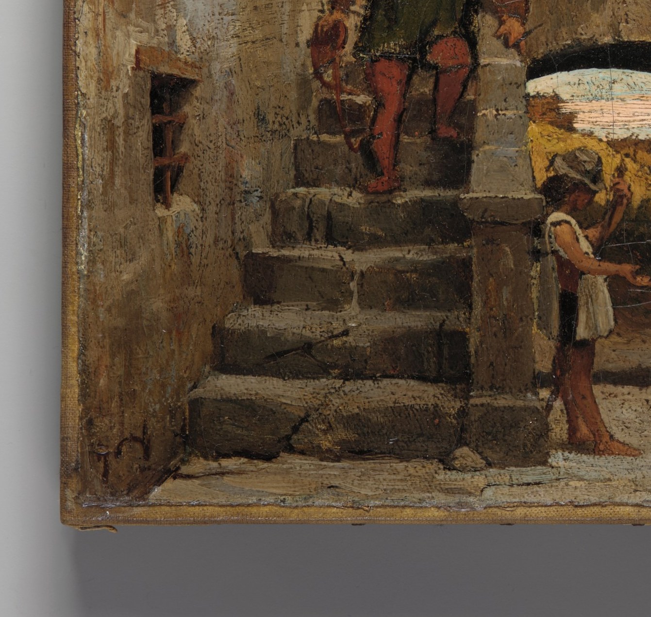 The steps create a strong diagonal and a social hierarchy in paint , who walks up and who stands below matters in every scene