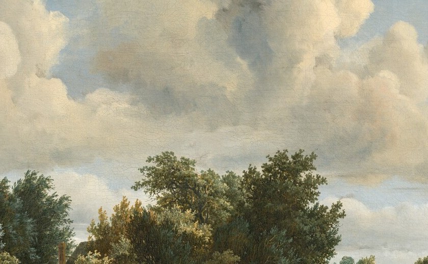 The compositional lure , this patch of warm light is where Hobbema leads the eye through the shadowed foreground, his signature spatial trick