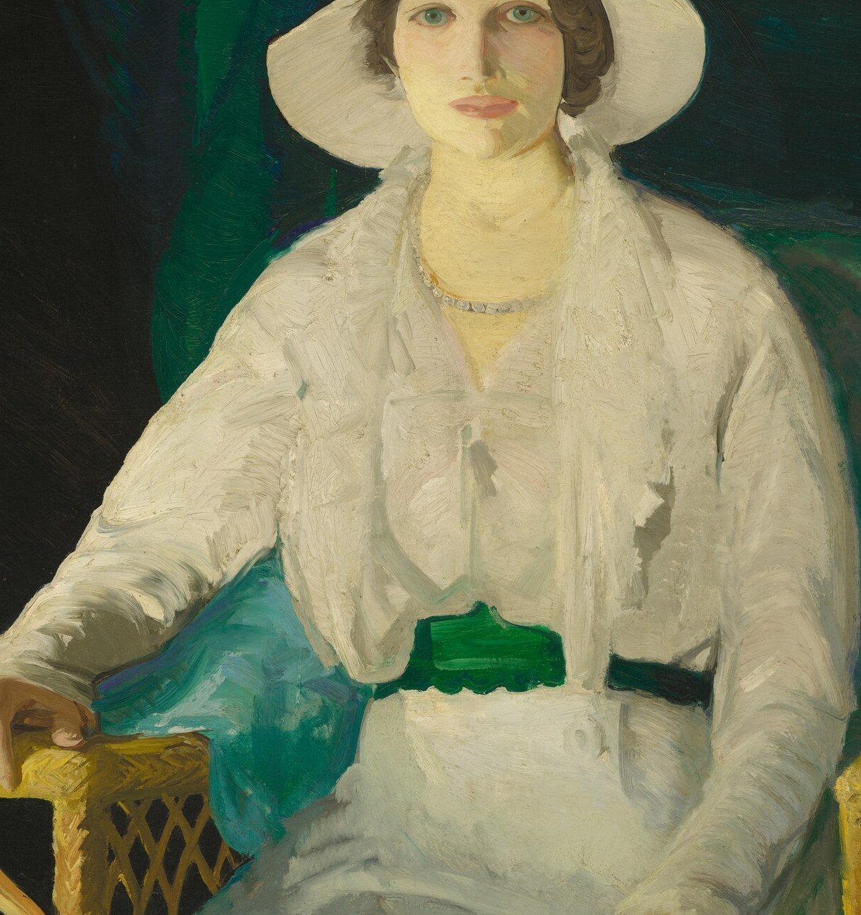 The broad, free handling of white fabric shows Bellows's bravura brushwork , a virtuoso passage of warm and cool whites.