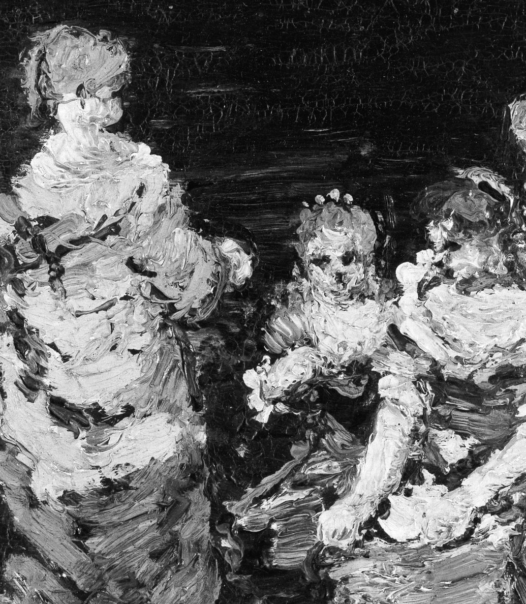 The luminous white robes emerge from a somber background.