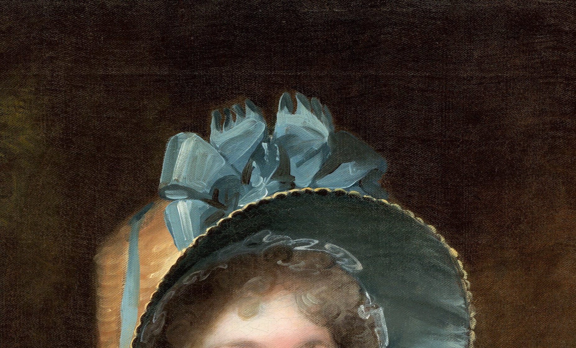 The elaborate bonnet with its blue silk ribbon is a fashion statement placing her precisely in 1800 , a slow zoom reveals delicate lace edging and the structural volume of late-Georgian millinery.