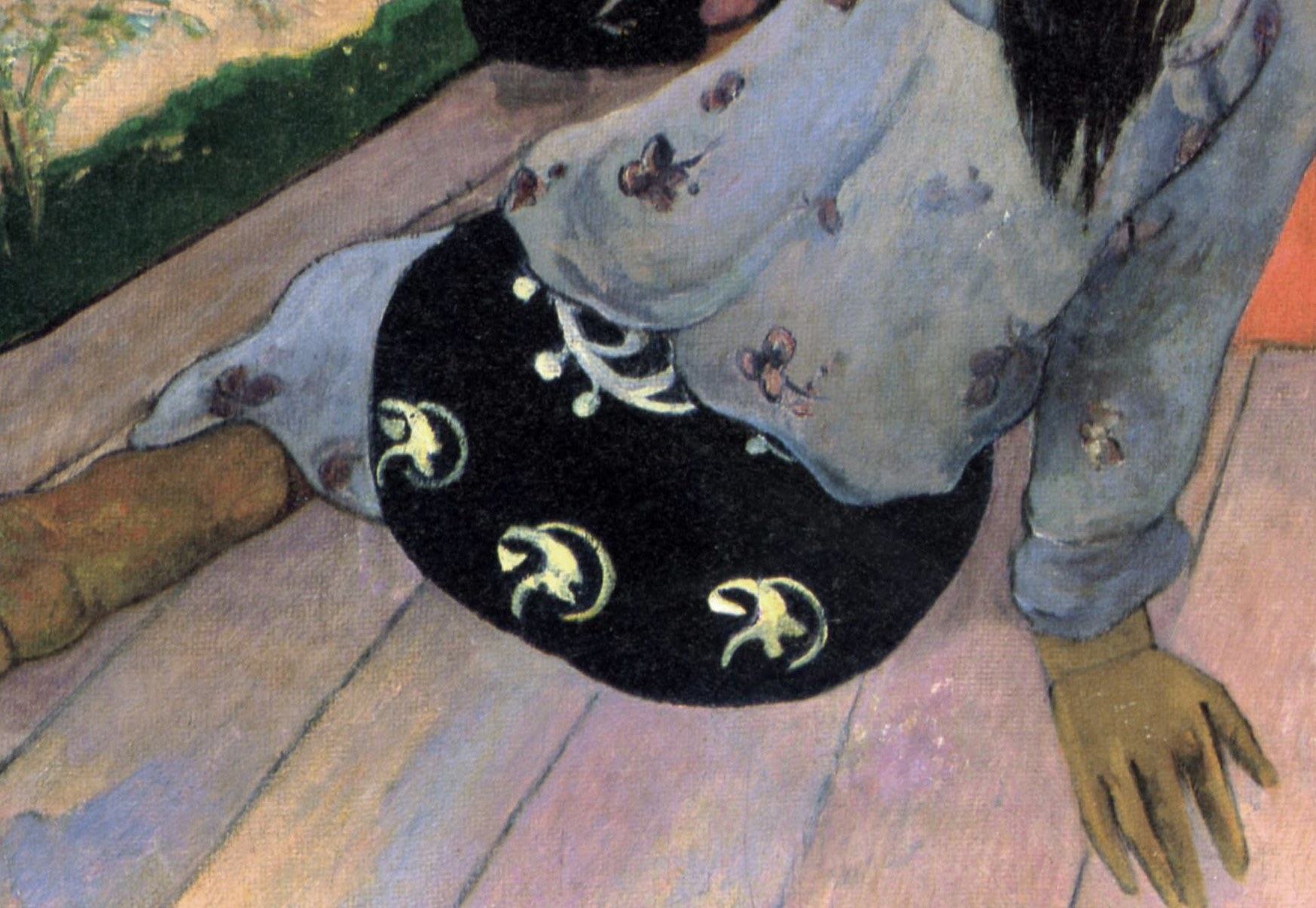 Gauguin's flat-color technique at its most striking: bold decorative motifs borrowed from European missionary dress worn by indigenous women.