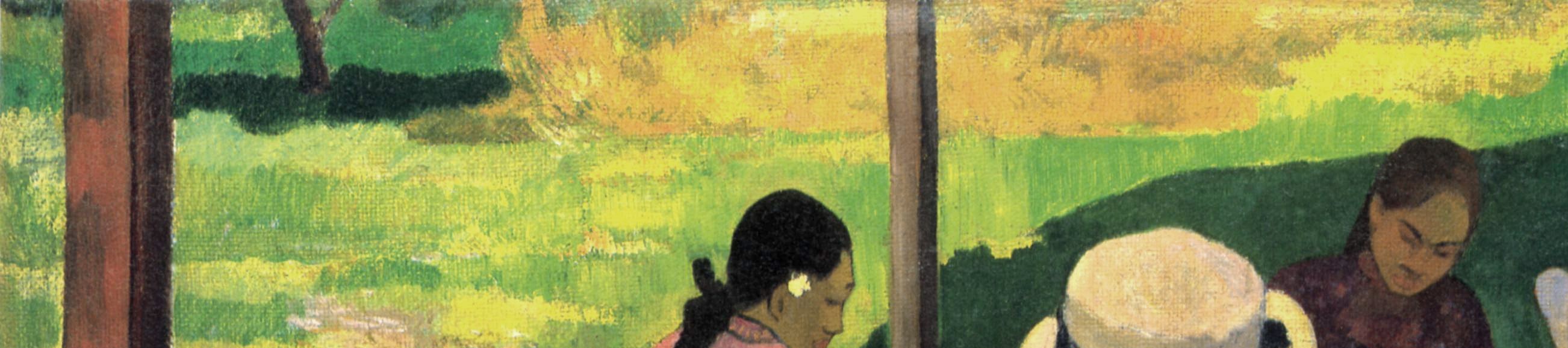 The entire reason for the painting's cool shade: the raw tropical heat glowing just outside, rendered in Gauguin's anti-naturalistic acid yellows.