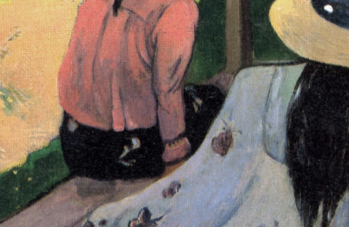 A westernized accessory on a Tahitian woman , signals colonial cultural exchange and partially obscures her face, adding mystery.