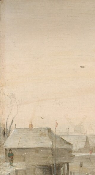 Stark leafless branches frame the composition and reinforce the season , Avercamp's atmospheric shorthand for deep winter cold