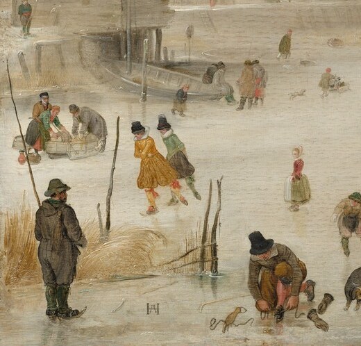 Well-dressed burghers and ladies in black cloaks anchor the scene socially, contrasting leisure of the wealthy with laboring figures nearby