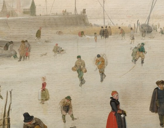 The prominent brown horse pulling a laden sled signals wealth and practical winter transport, a vivid status marker on the ice