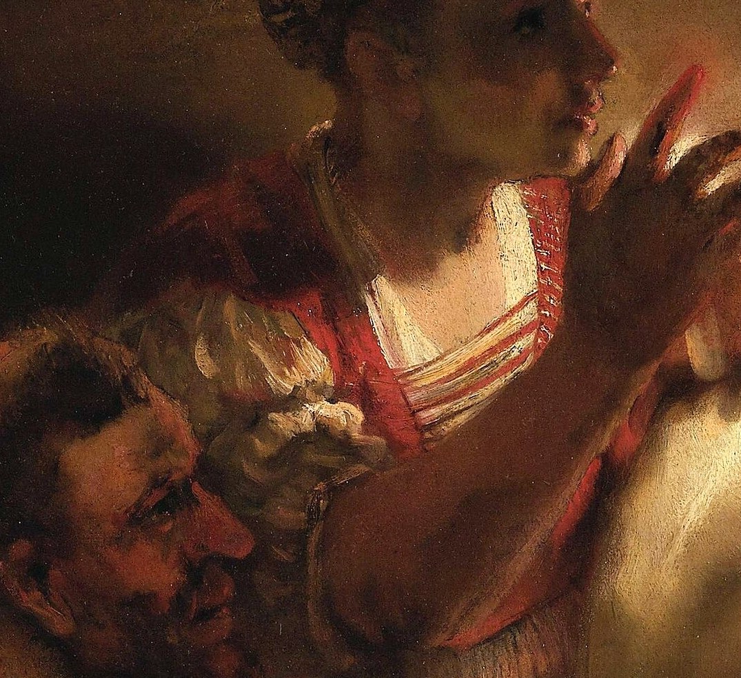 Peter, caught by a servant, denies knowing Jesus.