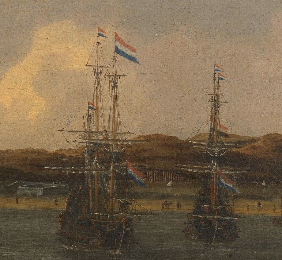 These ships, also flying Dutch flags, dominate the right side and convey a sense of naval presence.