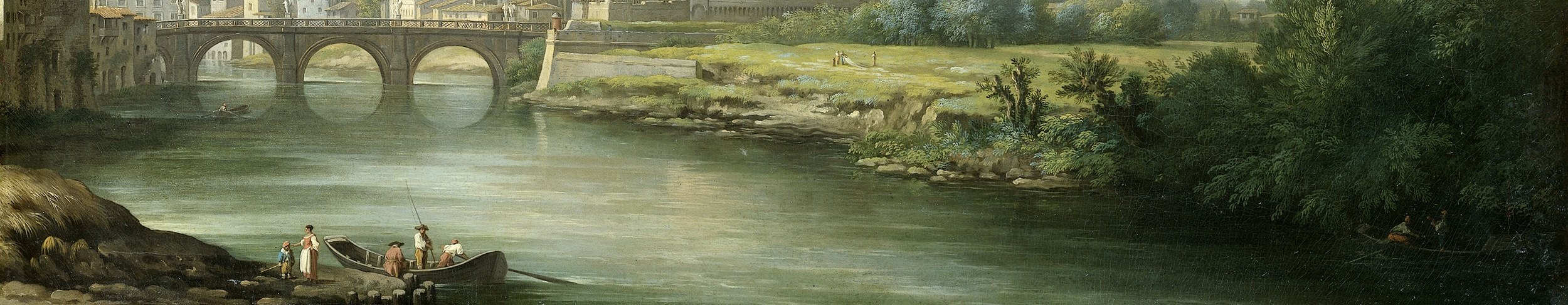 Below it, the Tiber river flows, busy with life.