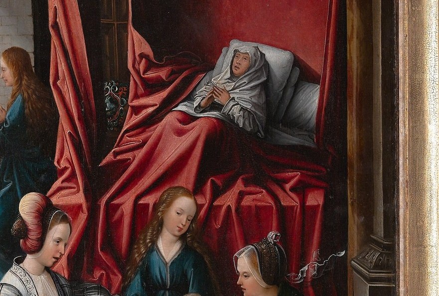Their headdresses and gestures document 16th-century Flemish confinement ritual; each figure is individuated enough to reward a close-up that reads them as documentary witnesses.