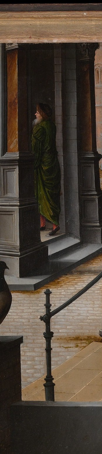 A perspectival device borrowed from Italian models , it creates the threshold the viewer crosses imaginatively to enter the scene, a signature of Flemish altarpiece spatial rhetoric.